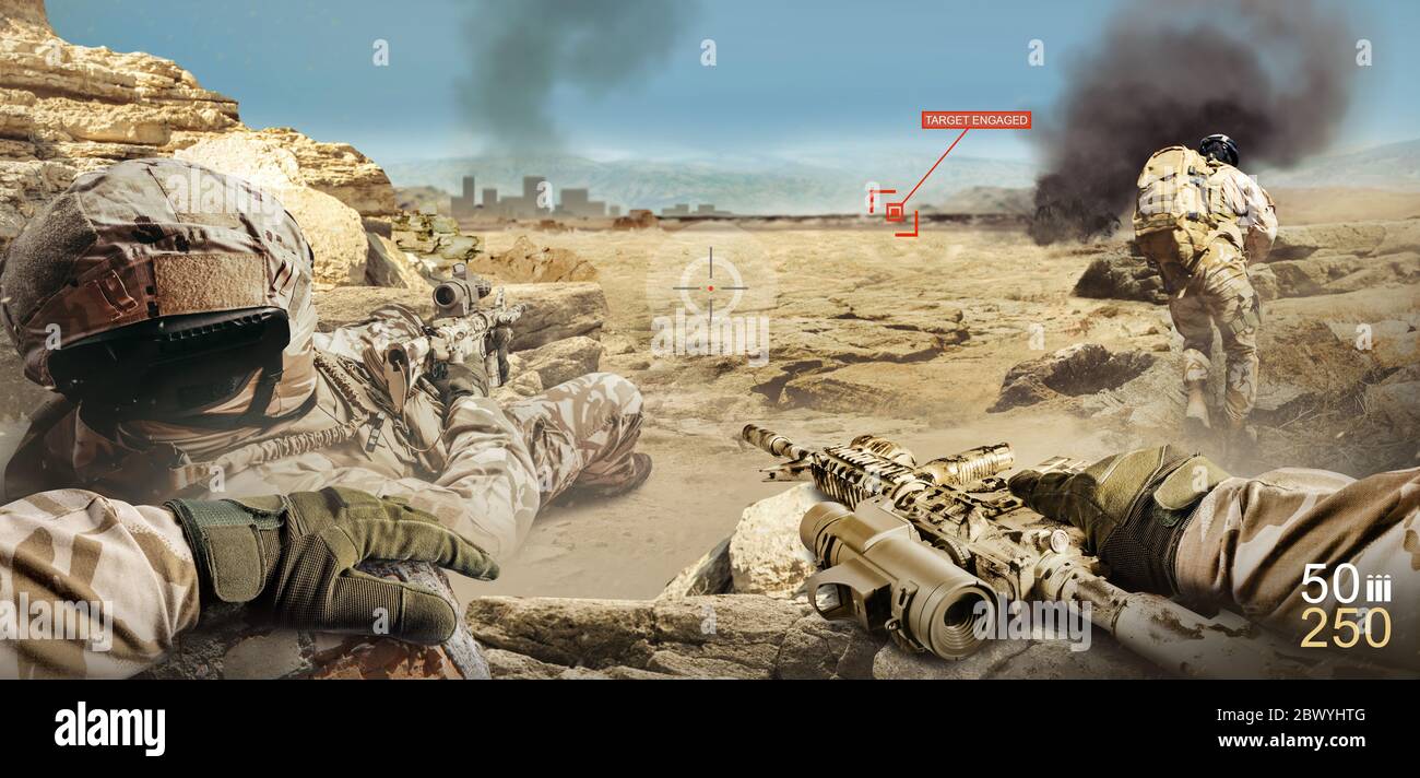 First person view photo of a shooter battlefield war game with soldiers shooting and running. Stock Photo