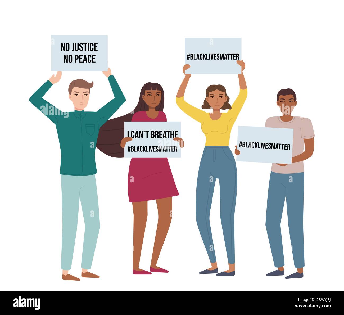 Crowd protest with posters against violence. Black lives matters, anti-racism demonstration, miting, activism, concept. Stock vector illustration in Stock Vector