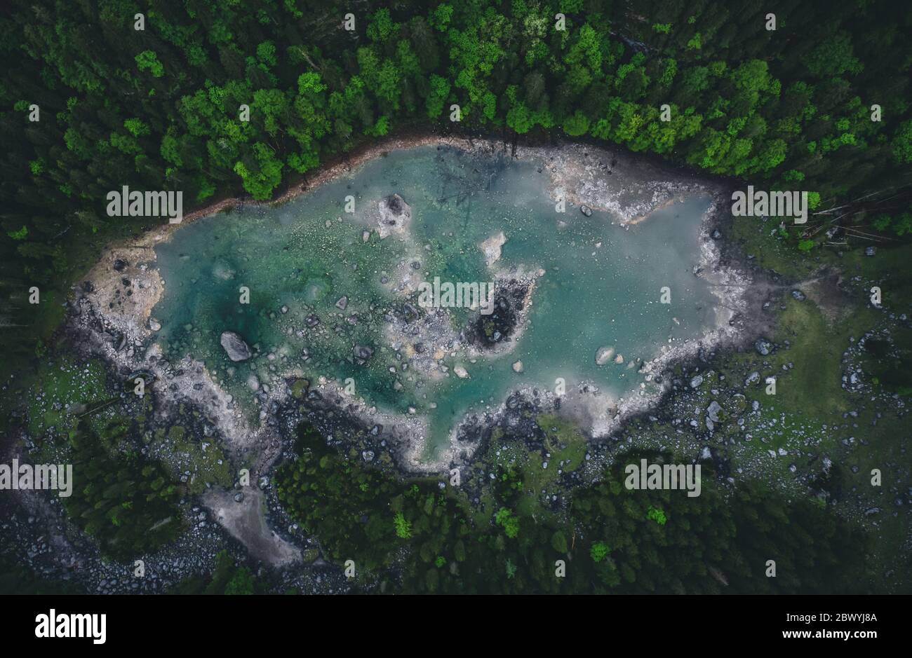 Alpine mountain lake Gosausee Gosaulacke aerial drone view in summer Stock Photo