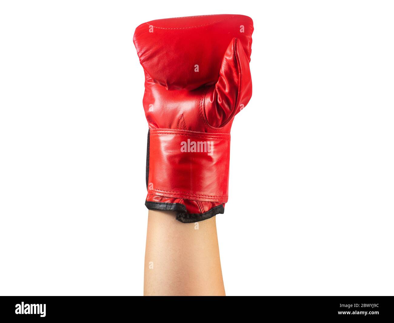Photo of male hand in red boxing glove isolated on white background. Stock Photo