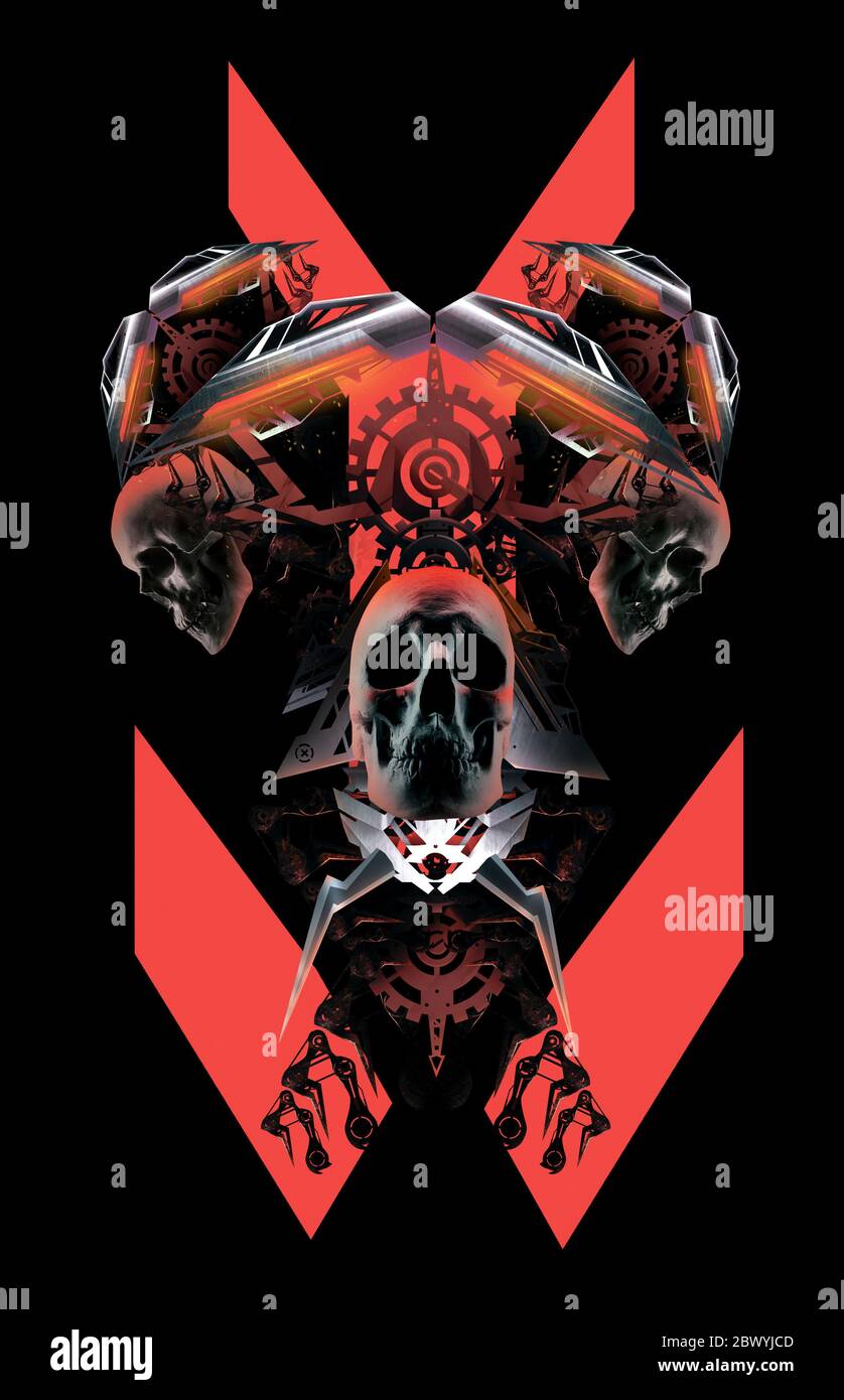 Abstract sci-fi horror illustration collage with mechanical parts and skulls with red stripes on black background. Stock Photo
