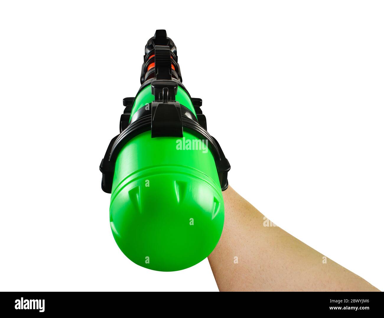 Isolated photo of hand holding a plastic multi-colored water pistol on white background first person view. Stock Photo
