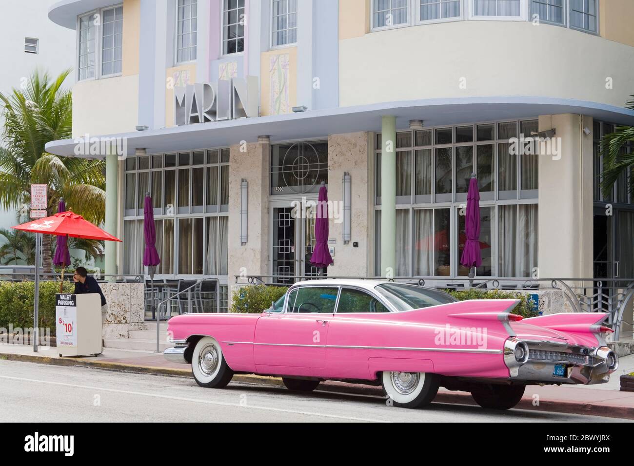 Pink Cadillac & Marlin Hotel on Collins Avenue, Miami Beach, Florida, USA Stock Photo