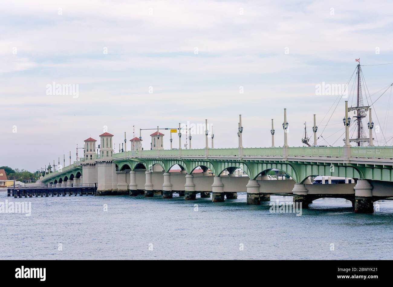 The Bridge of Lions is pictured, April 10, 2015, in St. Augustine, Florida. The Bridge of Lions is a double-leaf bascule bridge. Stock Photo