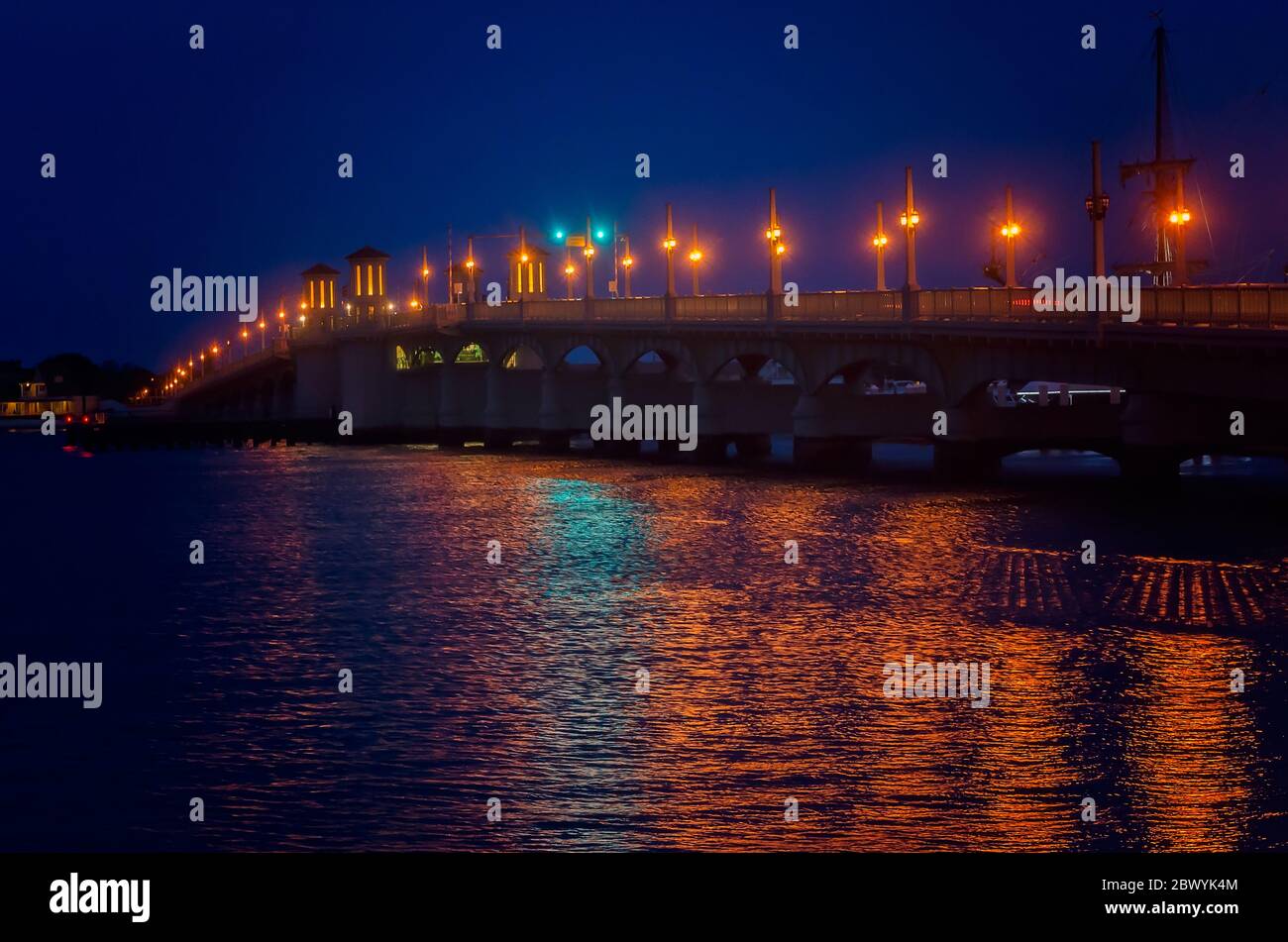 The Bridge of Lions is pictured at night, April 10, 2015, in St. Augustine, Florida. The Bridge of Lions is a double-leaf bascule bridge. Stock Photo