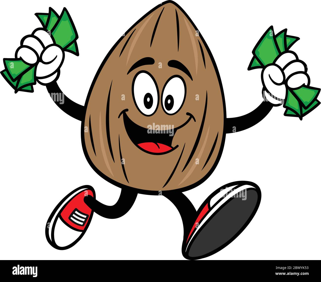 Almond Mascot Running with Money - A cartoon illustration of an Almond Mascot Running with Money. Stock Vector