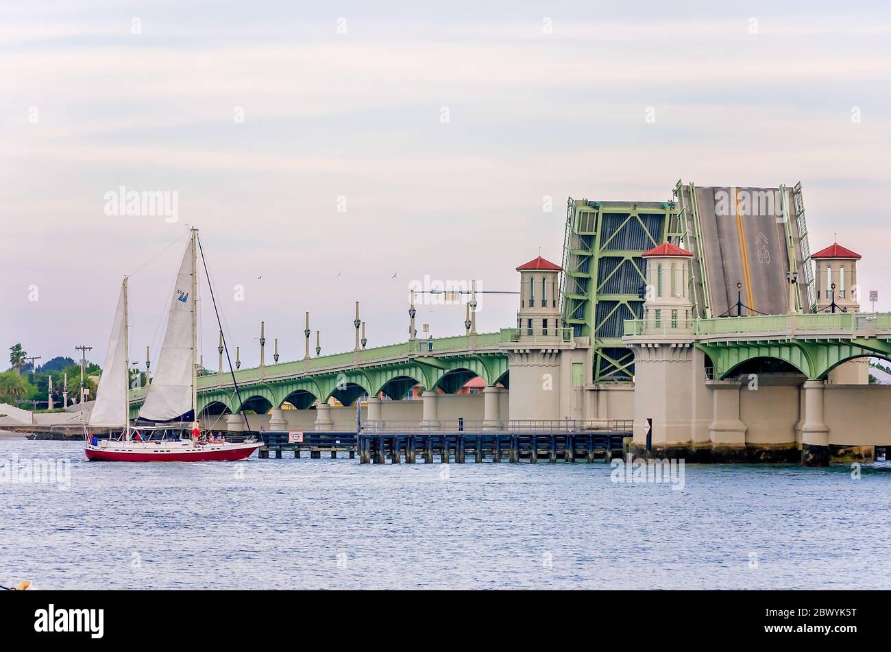 A sailboat approaches the Bridge of Lions, April 10, 2015, in St