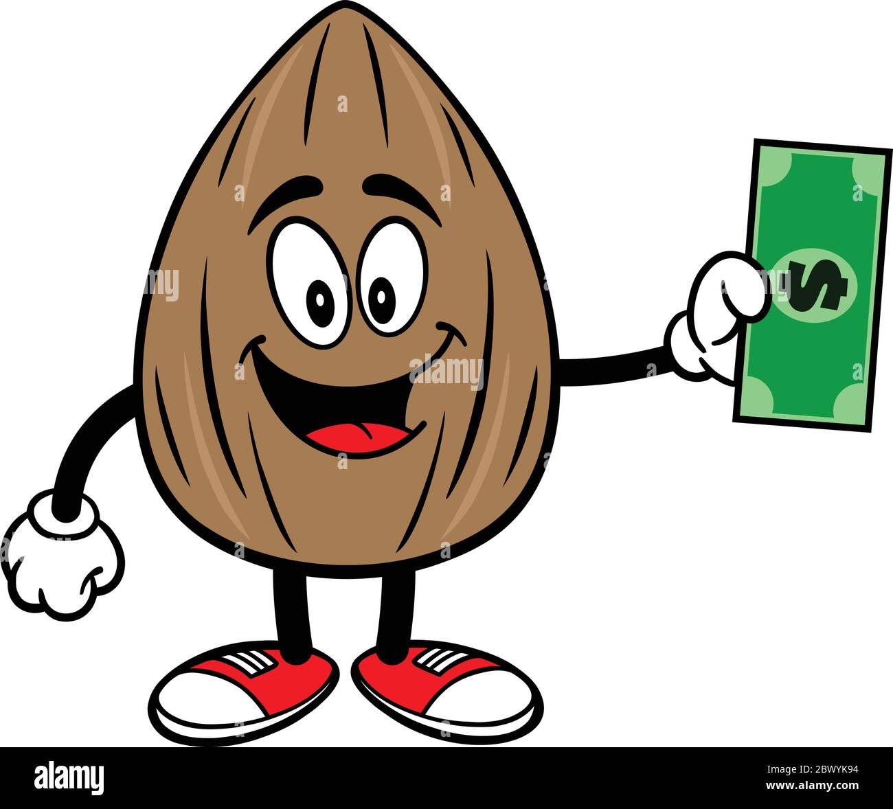 Almond Mascot with Dollar - A cartoon illustration of an Almond Mascot with a Dollar. Stock Vector