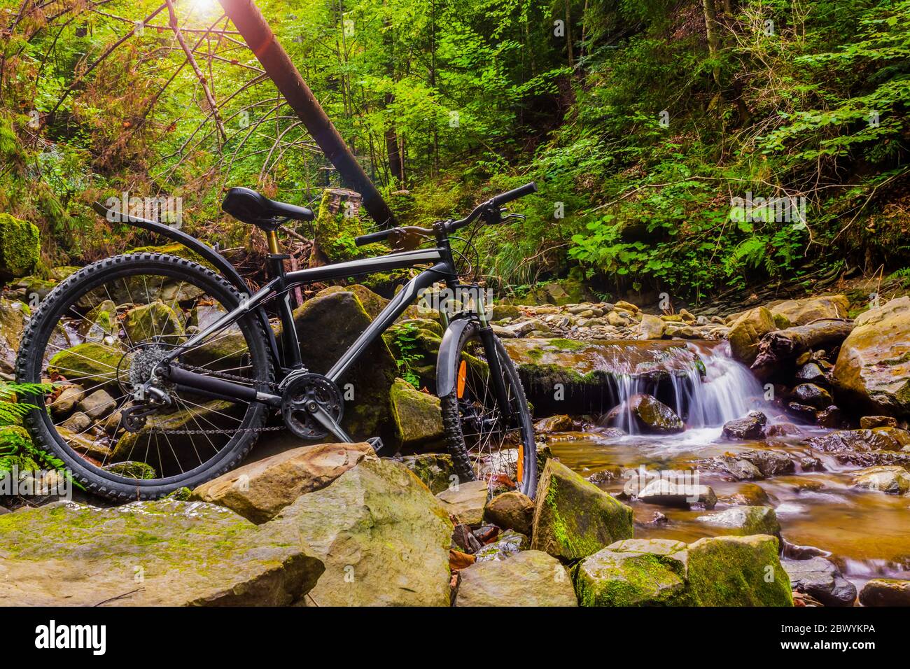 Photo of a mountain bike standing on a forest river stream landscape view Stock Photo