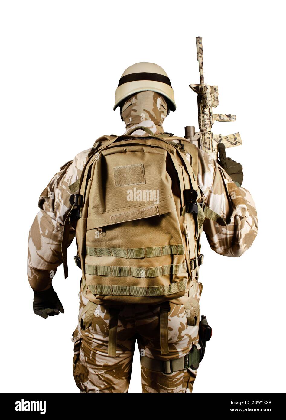 Isolated photo of a fully equipped soldier in uniform, armor, helmet