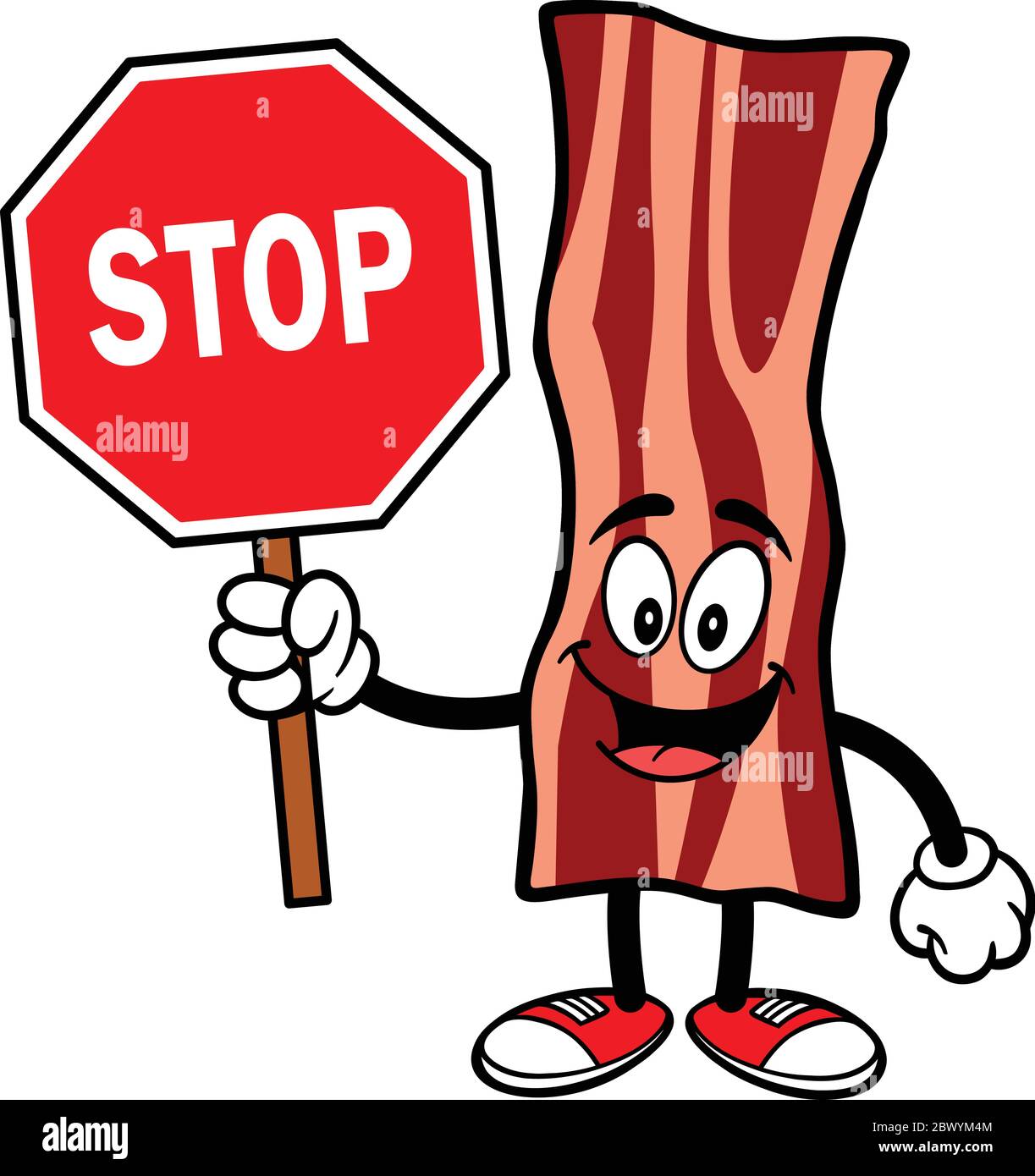 Bacon Strip Mascot with Stop Sign A cartoon illustration of a Bacon