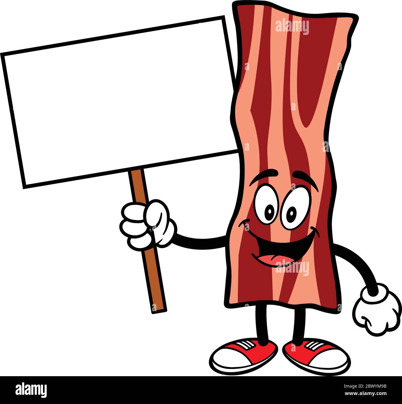 Bacon Strip Mascot with Sign A cartoon illustration of a Bacon Strip