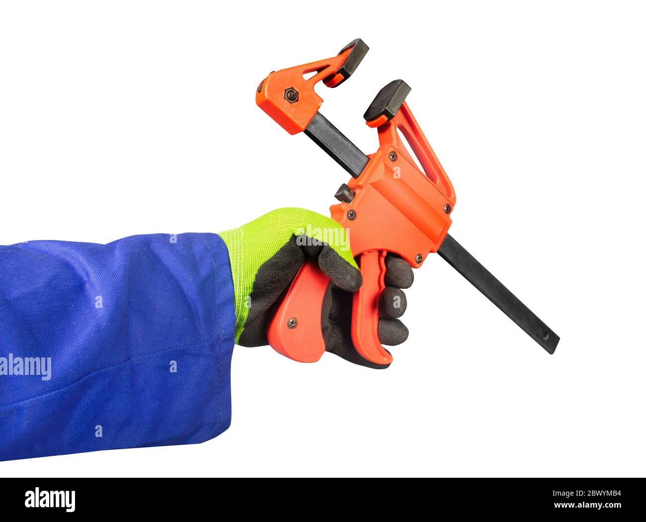 Isolated photo of a worker hand in gloves holding one-handed bar clamp, first person view on white background. Stock Photo