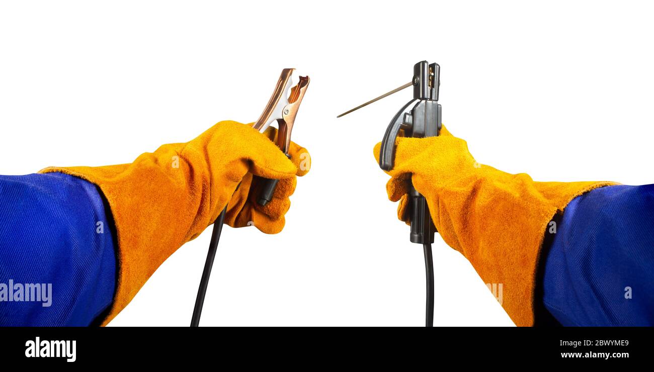 Isolated photo of a welder hands in gloves protection holding a welding