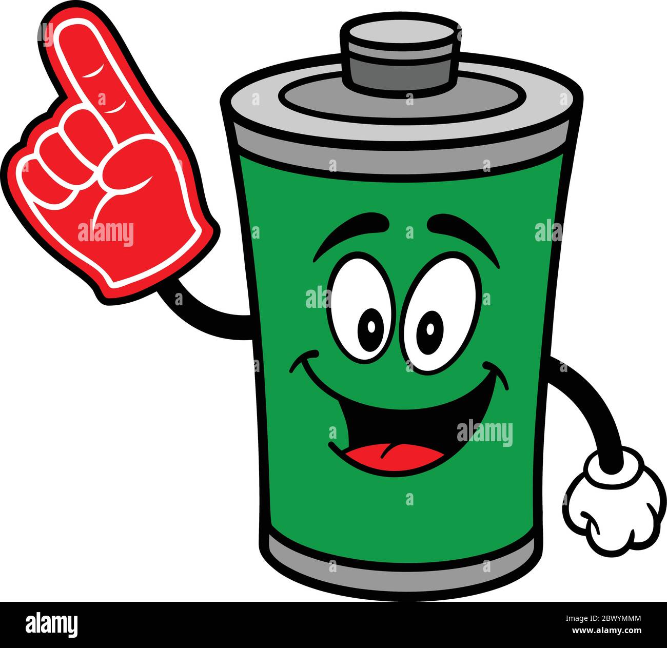 Battery Mascot with Foam Finger - A cartoon illustration of a Battery Mascot with a Foam Finger. Stock Vector