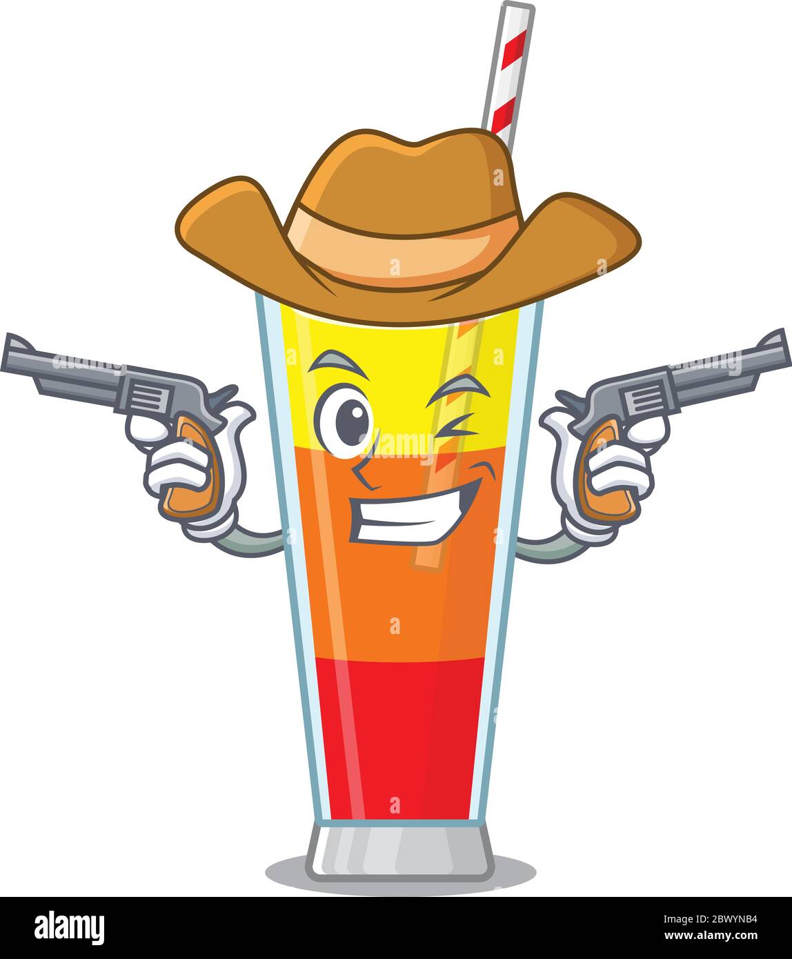 Cartoon character cowboy of tequila sunrise cocktail with guns Stock