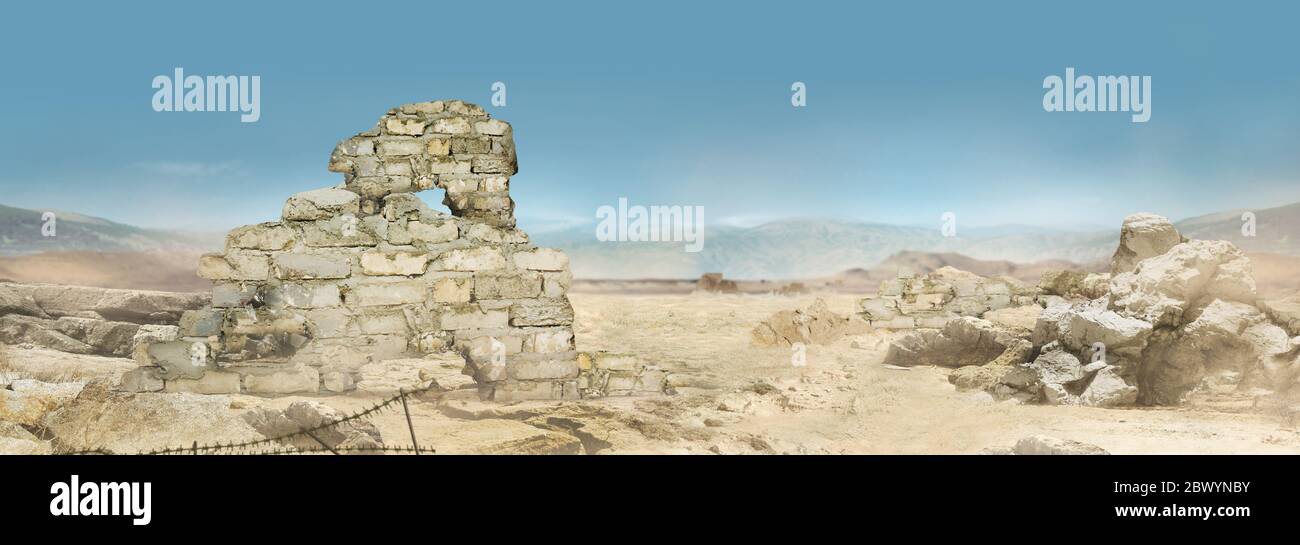 Post-apocalyptic wide landscape photo of a desert wasteland battlefied background. Stock Photo