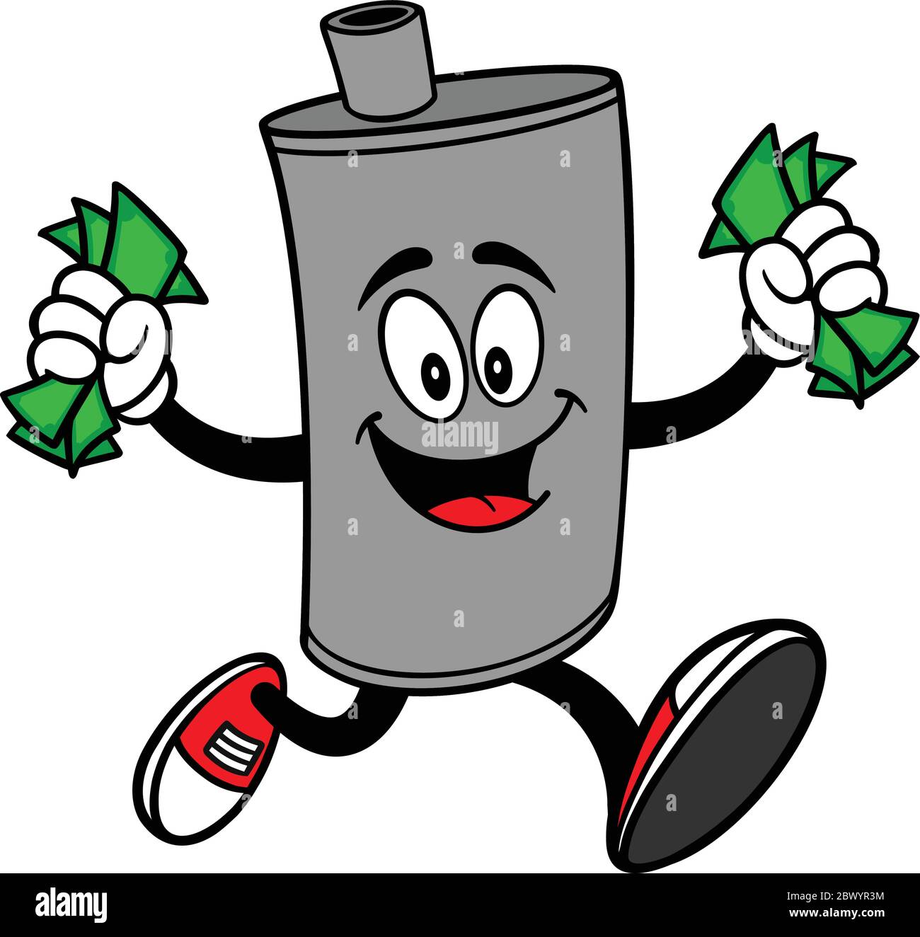 Car Muffler Mascot Running with Money A cartoon illustration of a Car Muffler Mascot Running