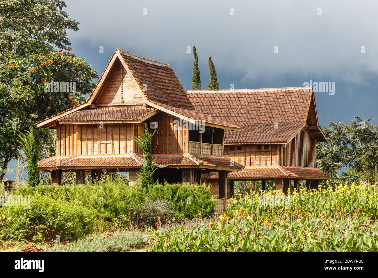 Wooden house at a flower park in Bedugul, Tabanan, Bali, Indonesia