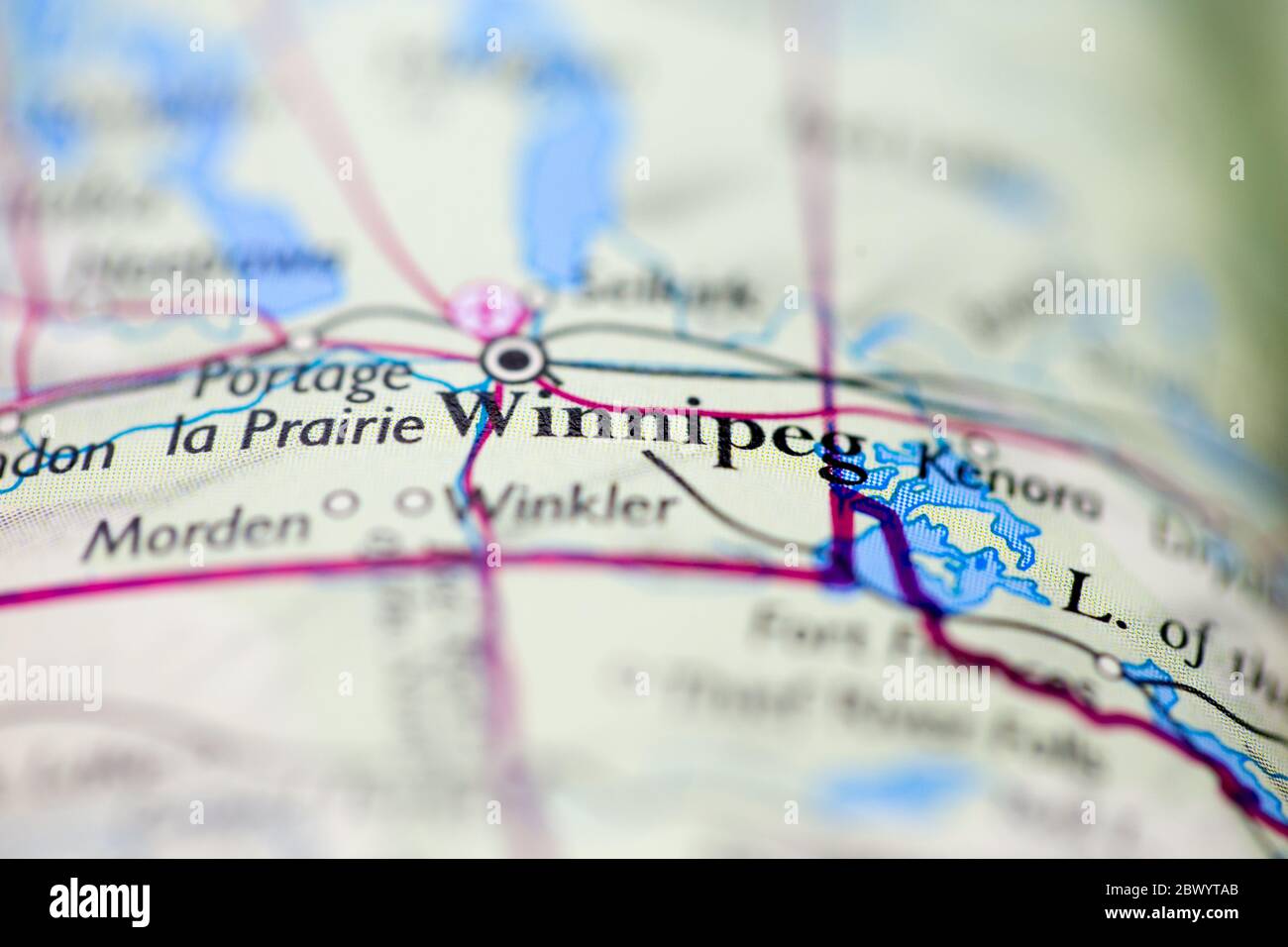 Shallow depth of field focus on geographical map location of Winnipeg