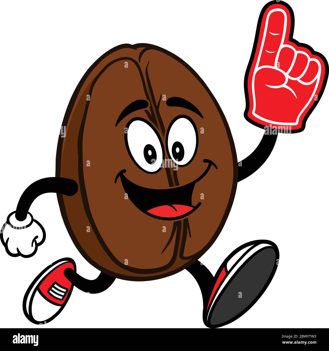 Coffee Bean Mascot Running with Foam Finger - A cartoon illustration of ...