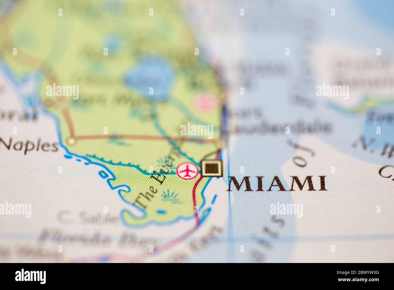 Shallow depth of field focus on geographical map location of Miami city  United States of America USA continent on atlas Stock Photo - Alamy