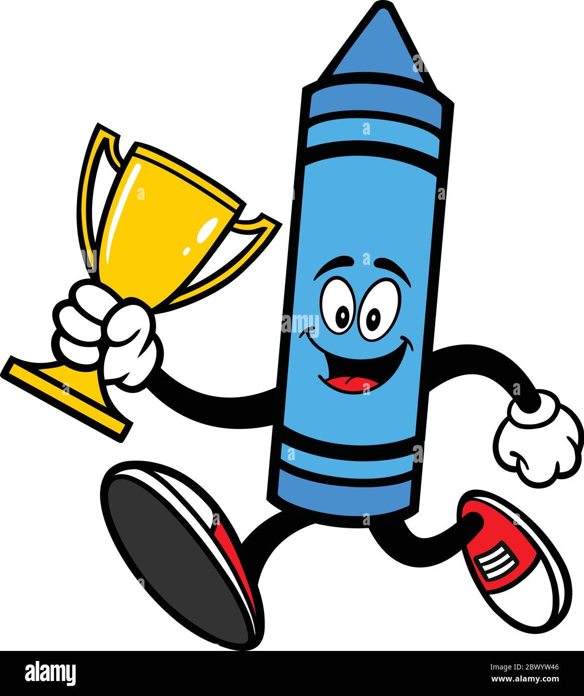 Crayon Mascot Running with Trophy - A cartoon illustration of a Crayon Mascot Running with a Trophy. Stock Vector