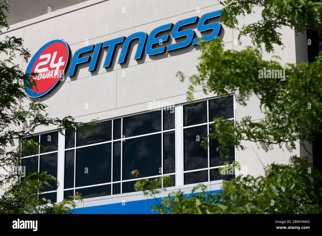 A logo sign outside of a 24 Hour Fitness location in Lanham, Maryland on May 30, 2020. Stock Photo