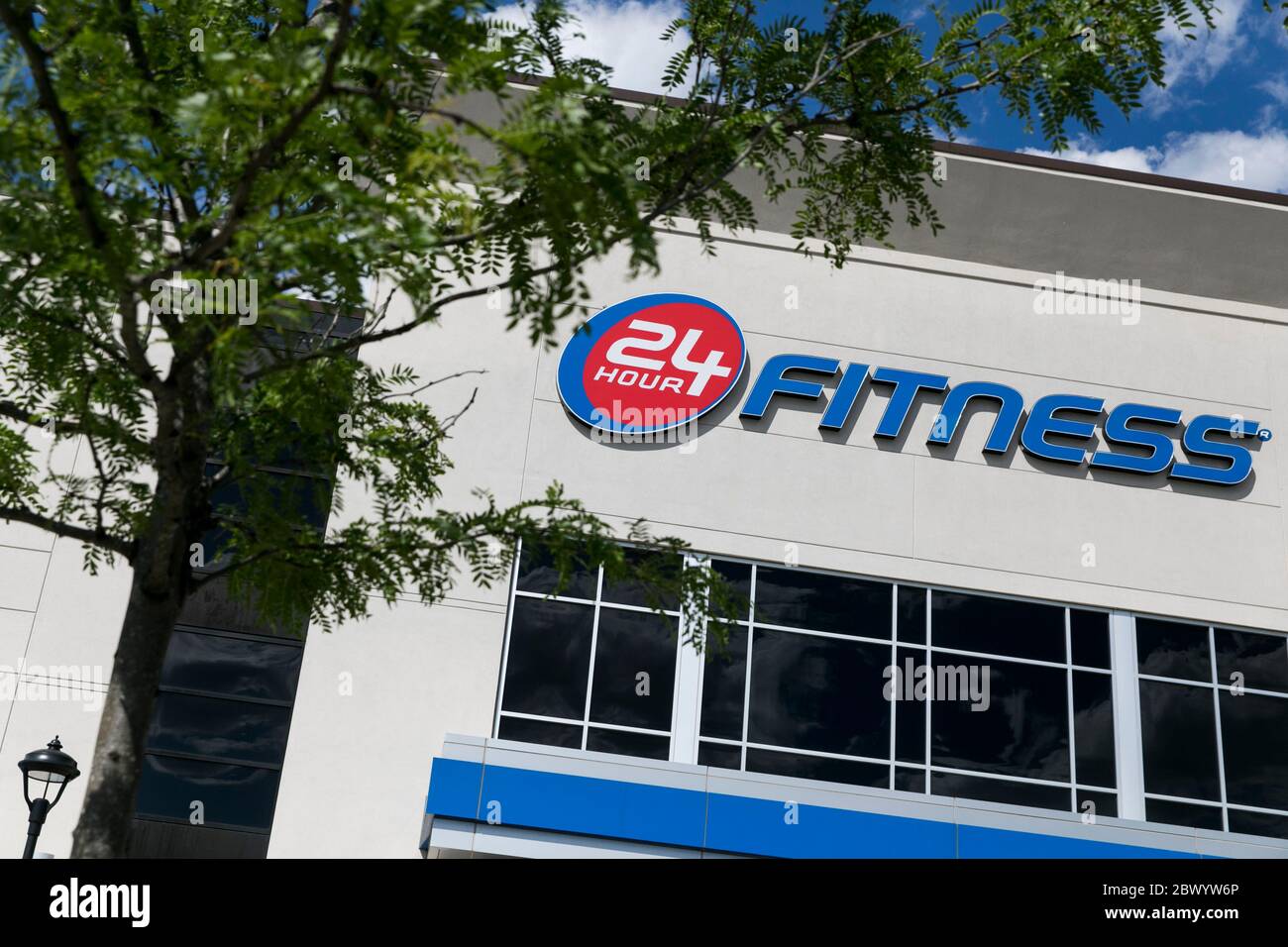A logo sign outside of a 24 Hour Fitness location in Lanham, Maryland on May 30, 2020. Stock Photo