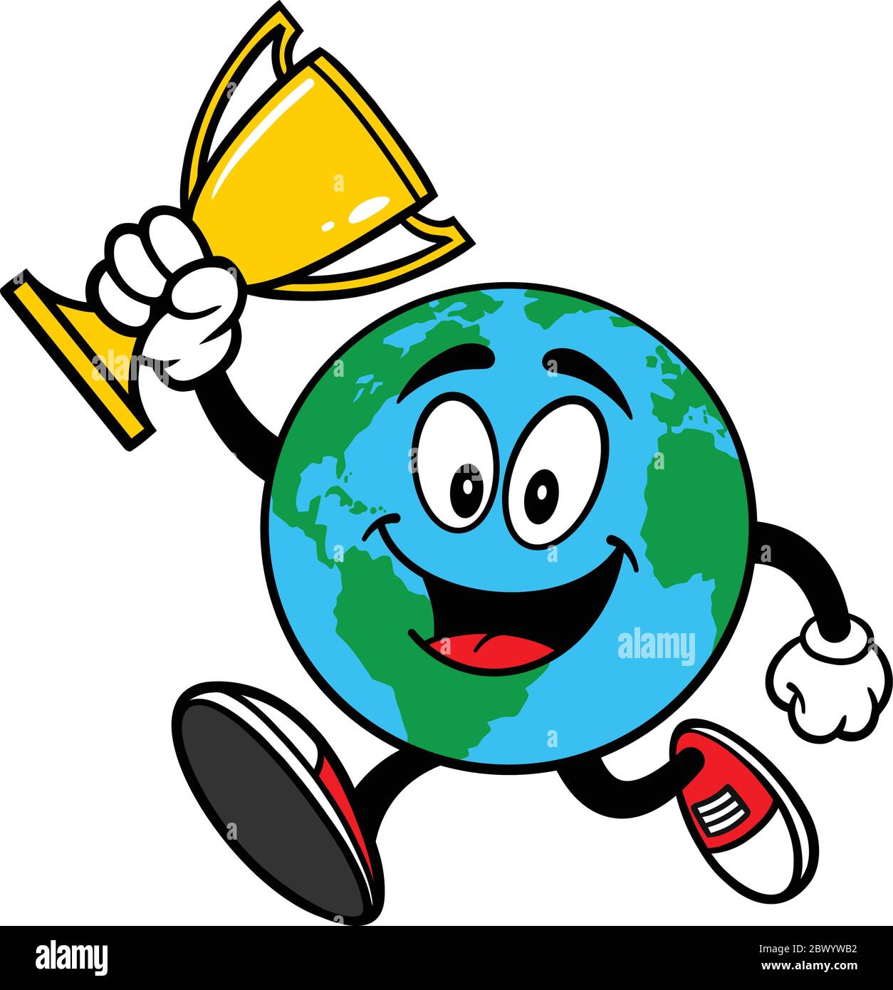 Earth Mascot Running with Trophy - A cartoon illustration of an Earth Mascot Running with a Trophy. Stock Vector