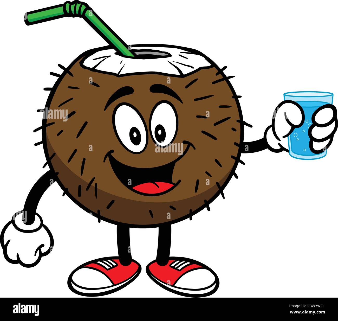 Coconut Drink Mascot with Glass of Water - A cartoon illustration of a Coconut Drink Mascot with a Glass of Water. Stock Vector