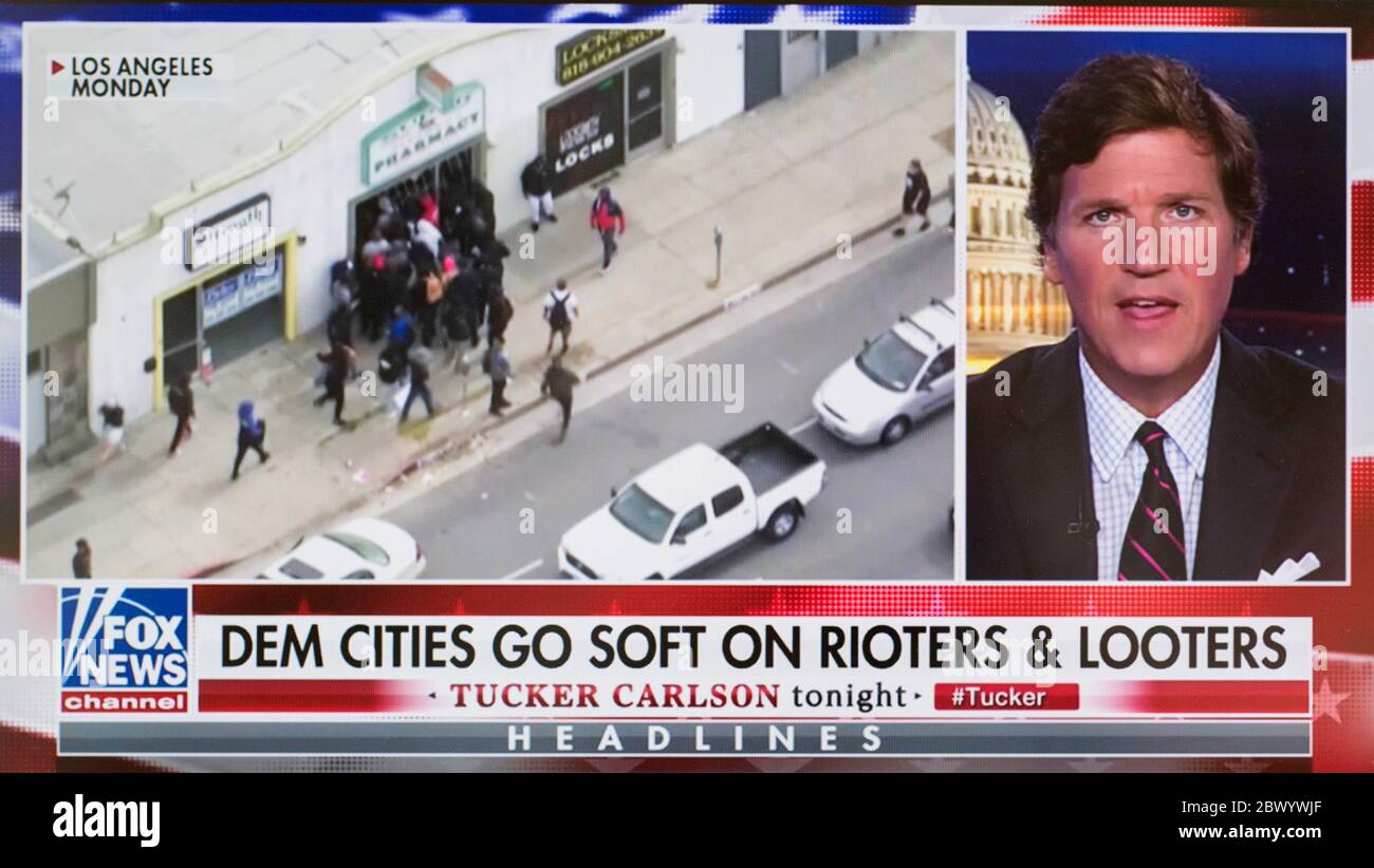 New York, New York, USA. 03rd June, 2020. A screen grab of the Fox News Channel's TUCKER CARLSON during 'Tucker Carlson Tonight.' Fox's prime time anchors and the Fox graphics department weigh in each weekday evening with commentary and characterizations, respectively, about the nationwide protests following the death of George Floyd while in police custody in Minneapolis. Credit: Brian Cahn/ZUMA Wire/Alamy Live News Stock Photo