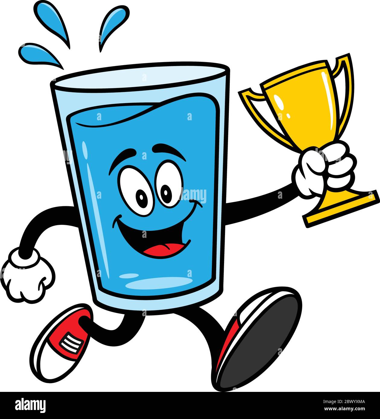 Glass of Water Mascot Running with Trophy A cartoon illustration of a