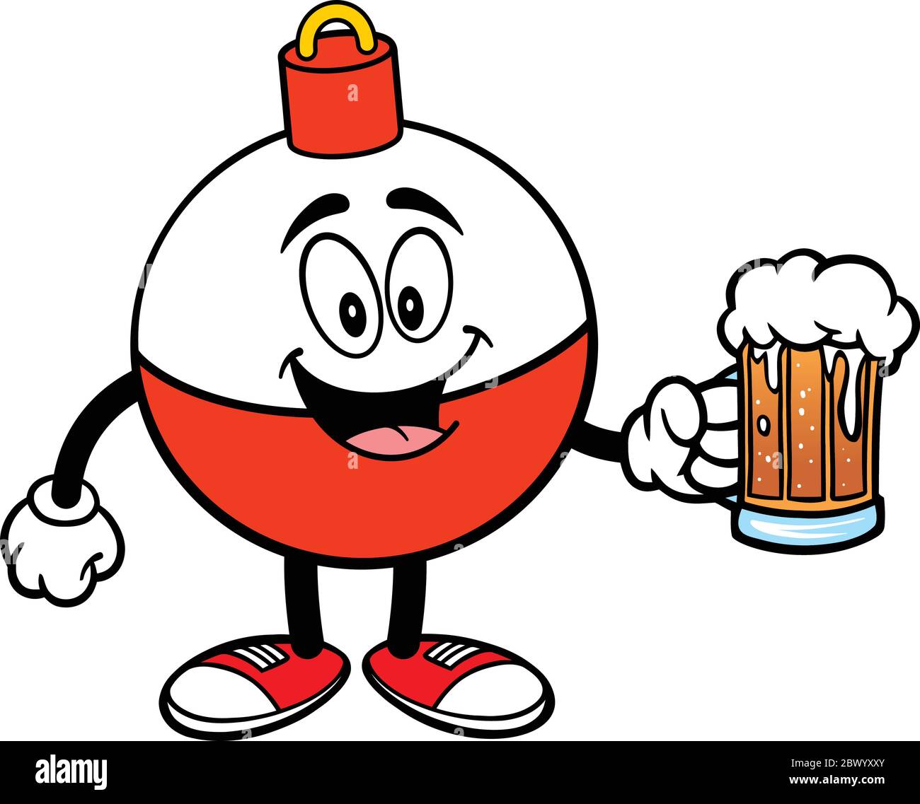 Fishing Bobber Mascot with Beer- A Cartoon Illustration of a