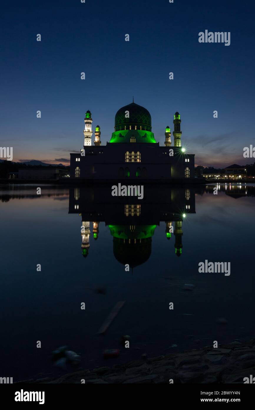 Beautiful sunrise blue hour and reflection of Floating Mosque Of Kota Kinabalu, Sabah. Stock Photo