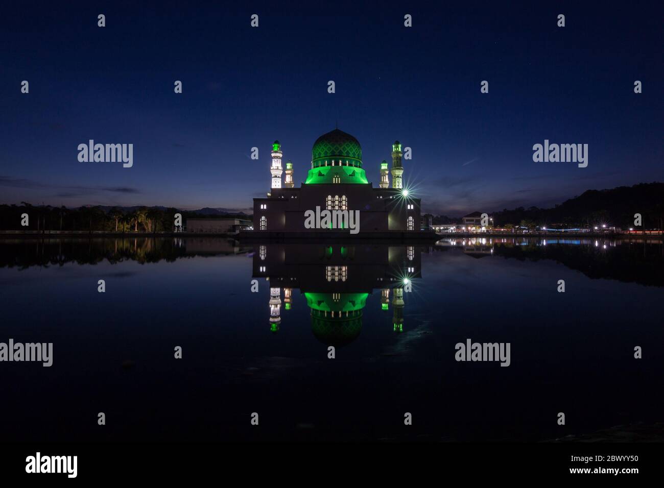Beautiful sunrise blue hour and reflection of Floating Mosque Of Kota Kinabalu, Sabah. Stock Photo