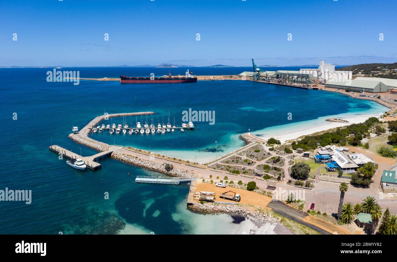 Esperance Western Australia November 11th 2019 : Aerial panoramic view of the industrial port of Esperance in the morning Stock Photo