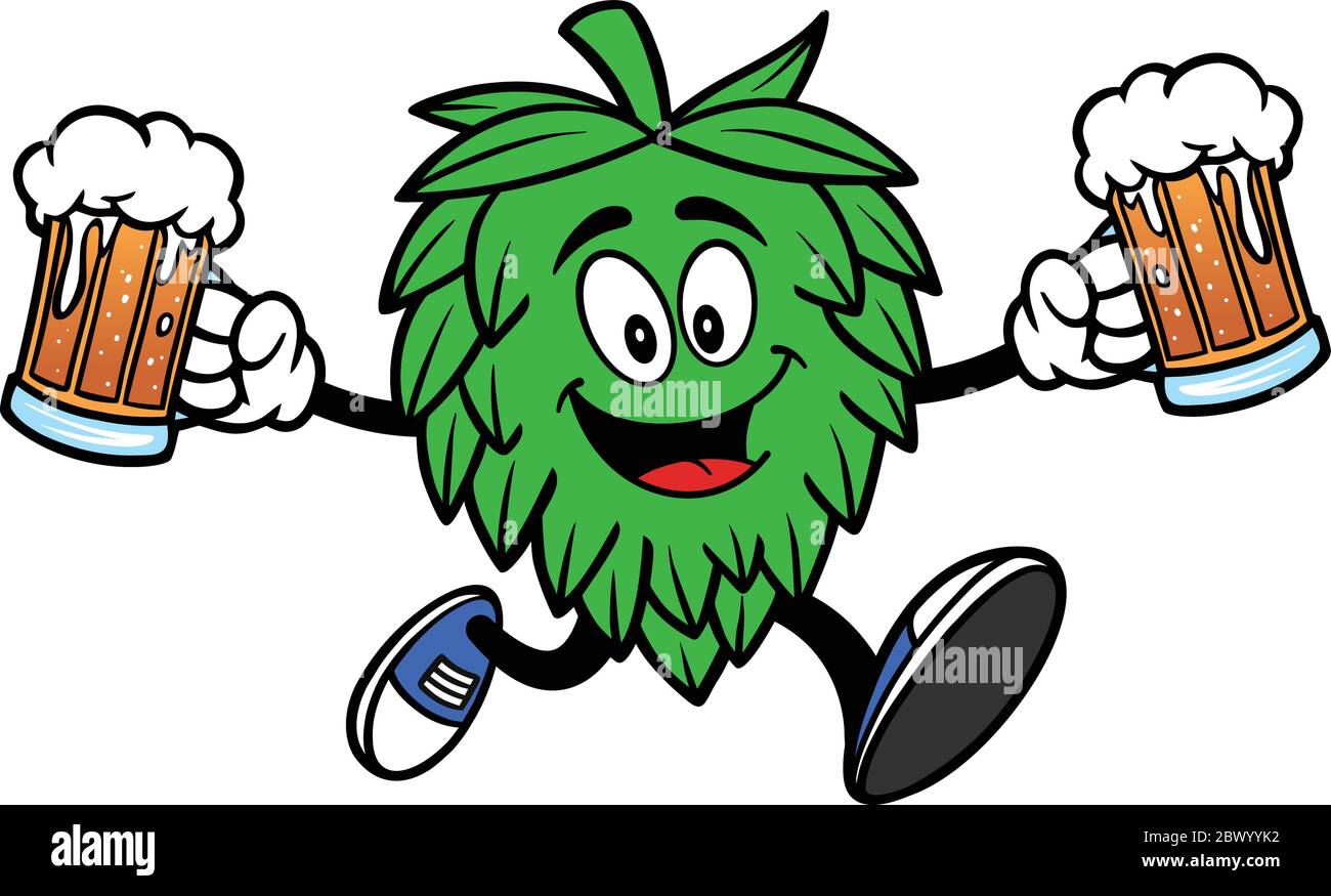 Hop Mascot Running with Beers A Cartoon Illustration of a Hop Mascot