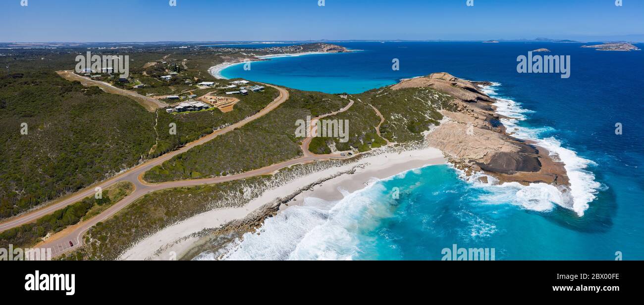 Aerial panoramic view of Lover's Cove, a beach located next to Twilight Cove in Esperance, Western Australia Stock Photo