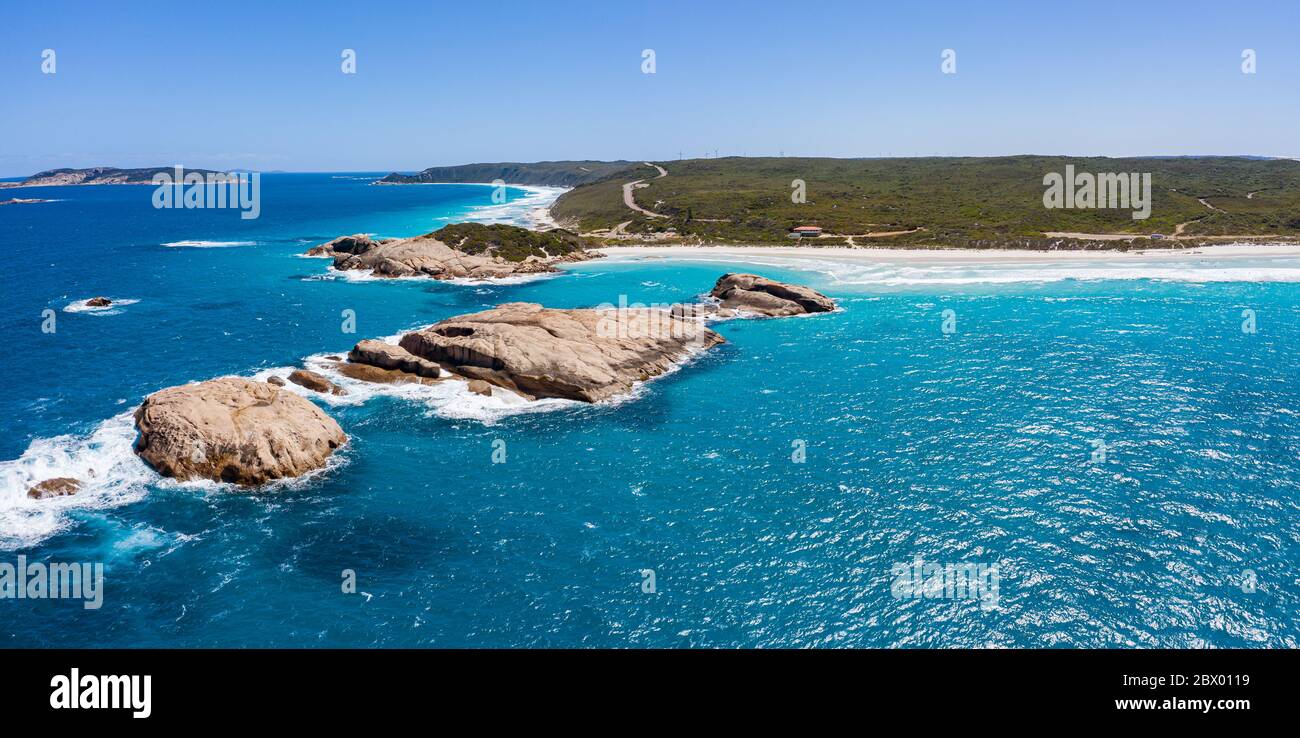 View from behind the famous rock outcrop at Twilight Cove, looking back toweards the beach; located near Esperance in Western Australia Stock Photo