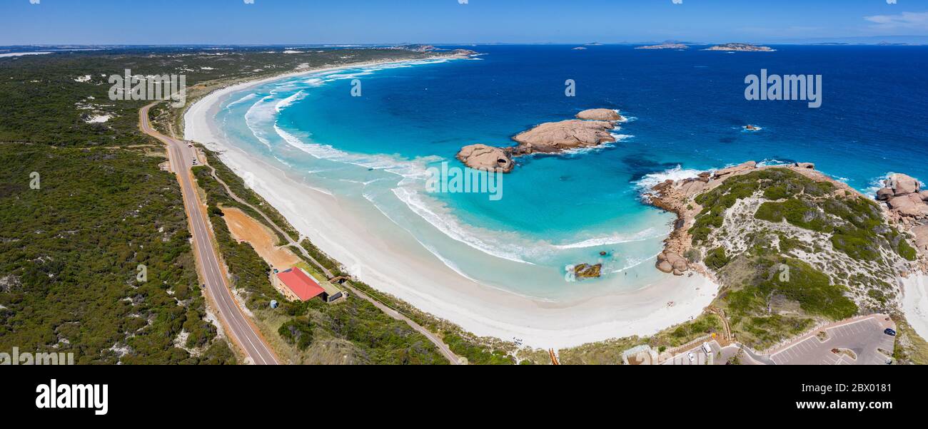 Aerial panoramic view of the road next to the beach at Twilight Cove, Esperance, Western