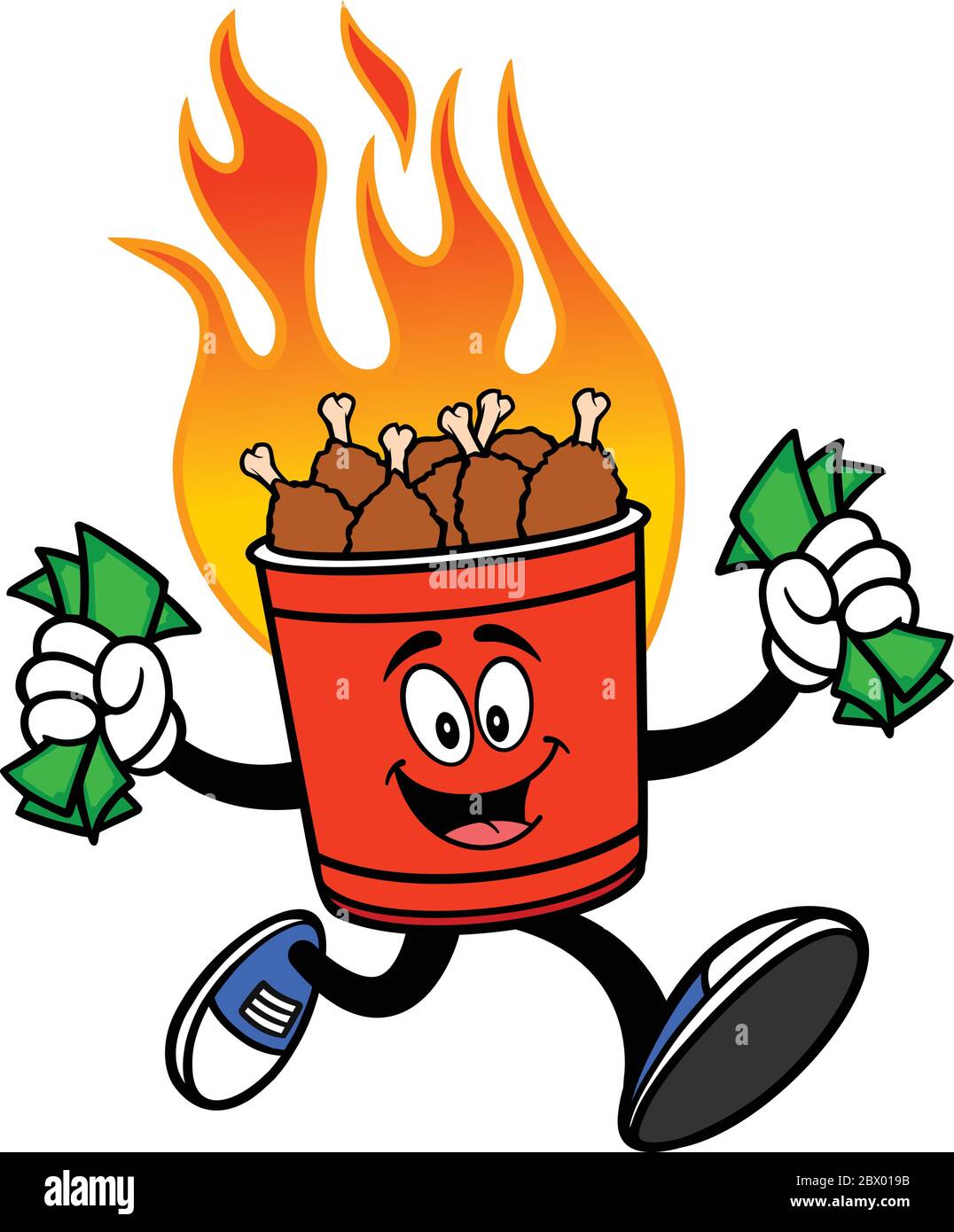 Hot Wing Bucket Mascot Running with Money- A Cartoon Illustration of a Hot Wing Bucket Mascot Running with Money. Stock Vector