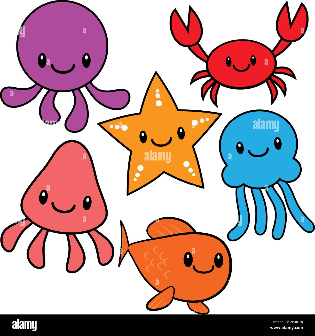 Kawaii Sea Critters- A Cartoon Illustration of Kawaii Sea Critters. Stock Vector
