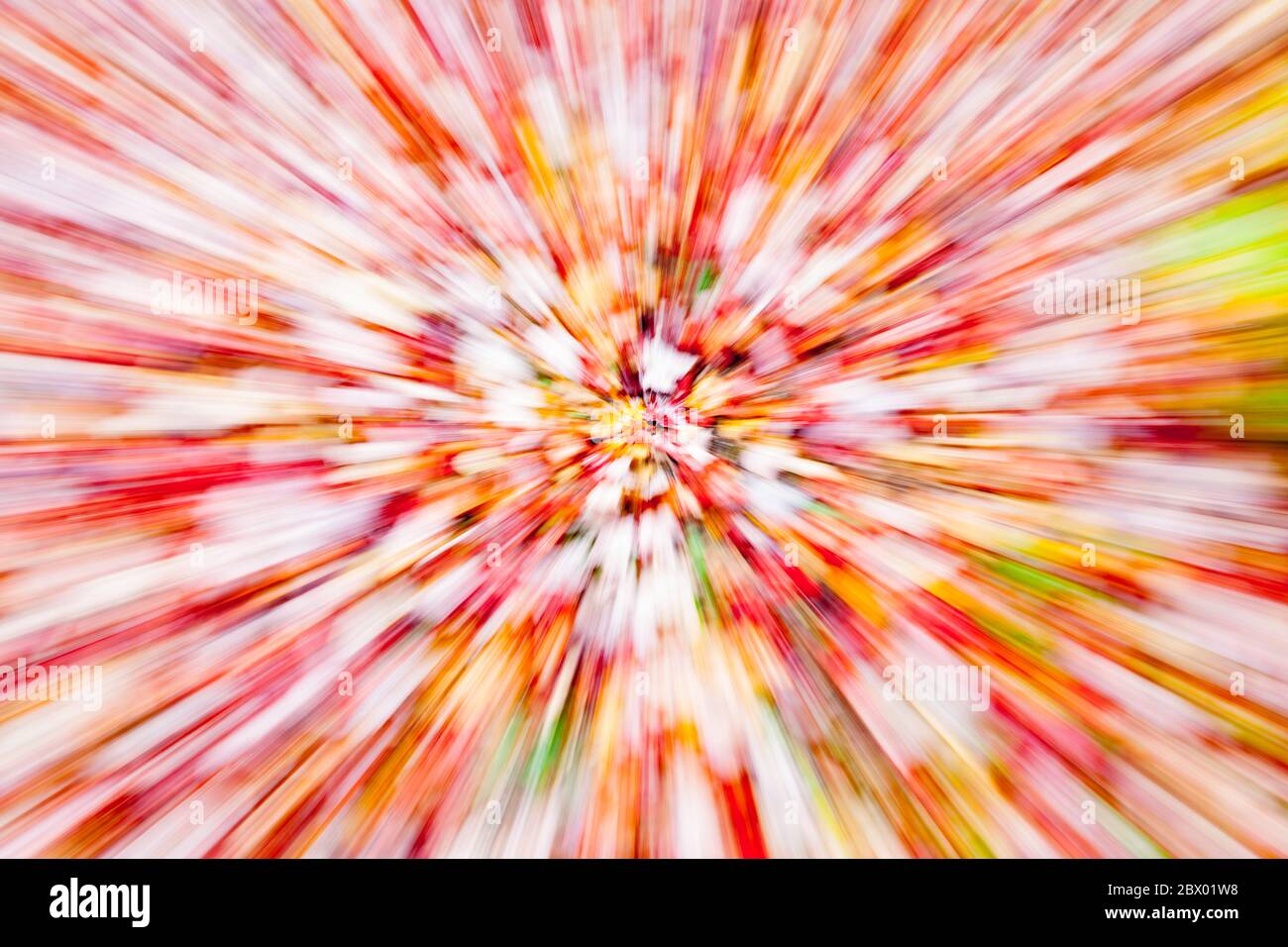 Abstract fall colors in zoom blur presenting bright converging pattern ...