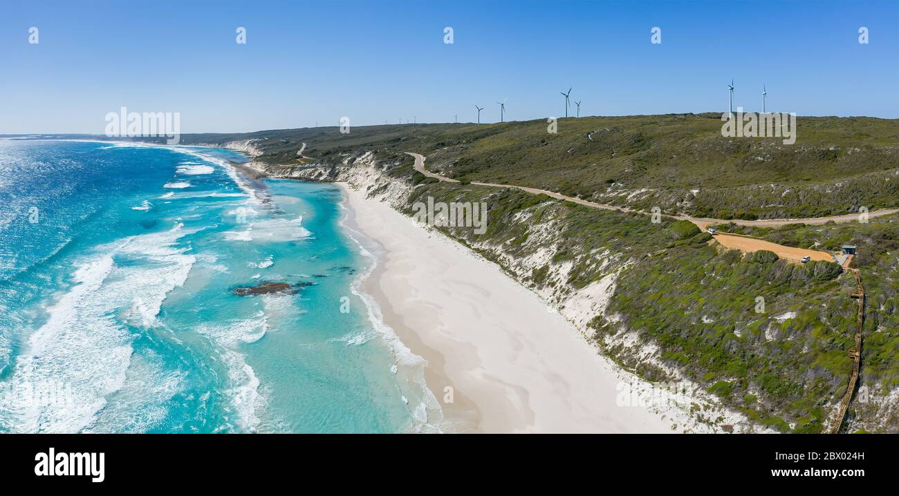 Aerial panoramic view of the wind farm  turbines on the coast at Ten Mile Lagoon Beach, near Esperance in Western Australia Stock Photo