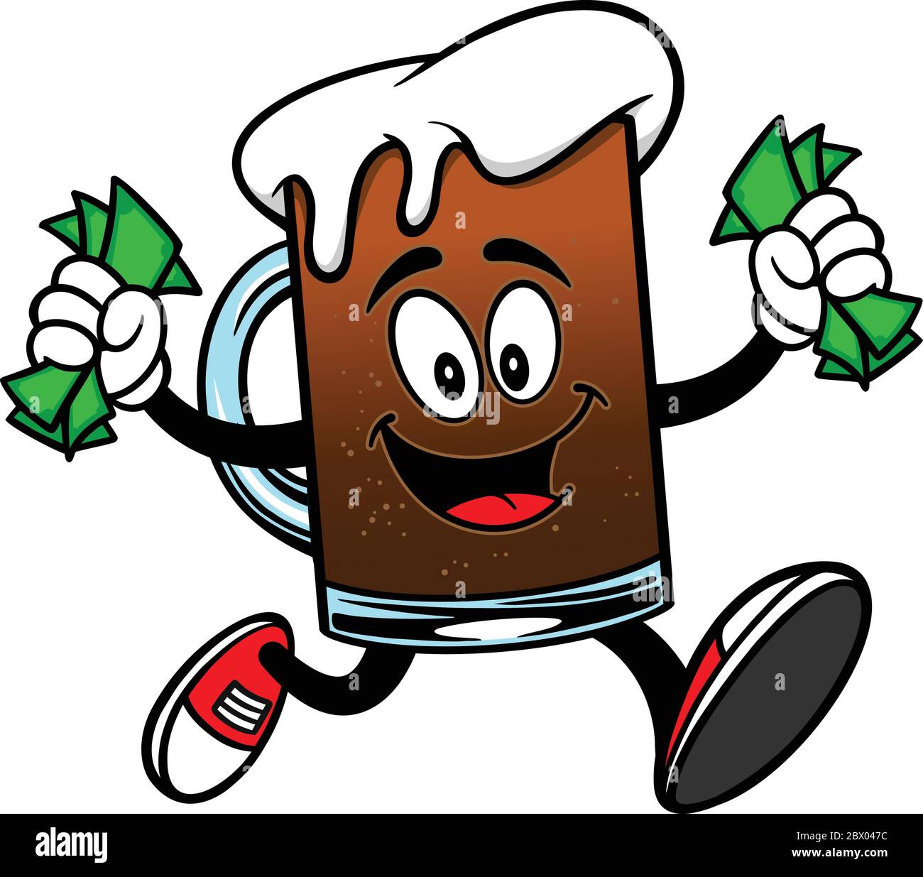 Root Beer Running with Money A cartoon illustration of a Root Beer