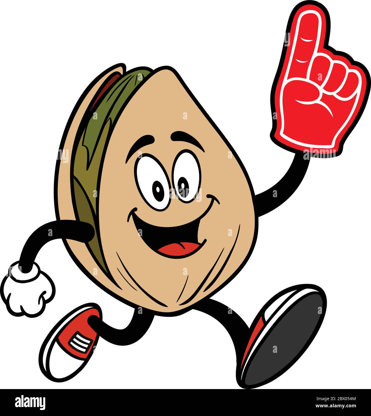 Pistachio Nut Running with a Foam Finger - A cartoon illustration of a ...
