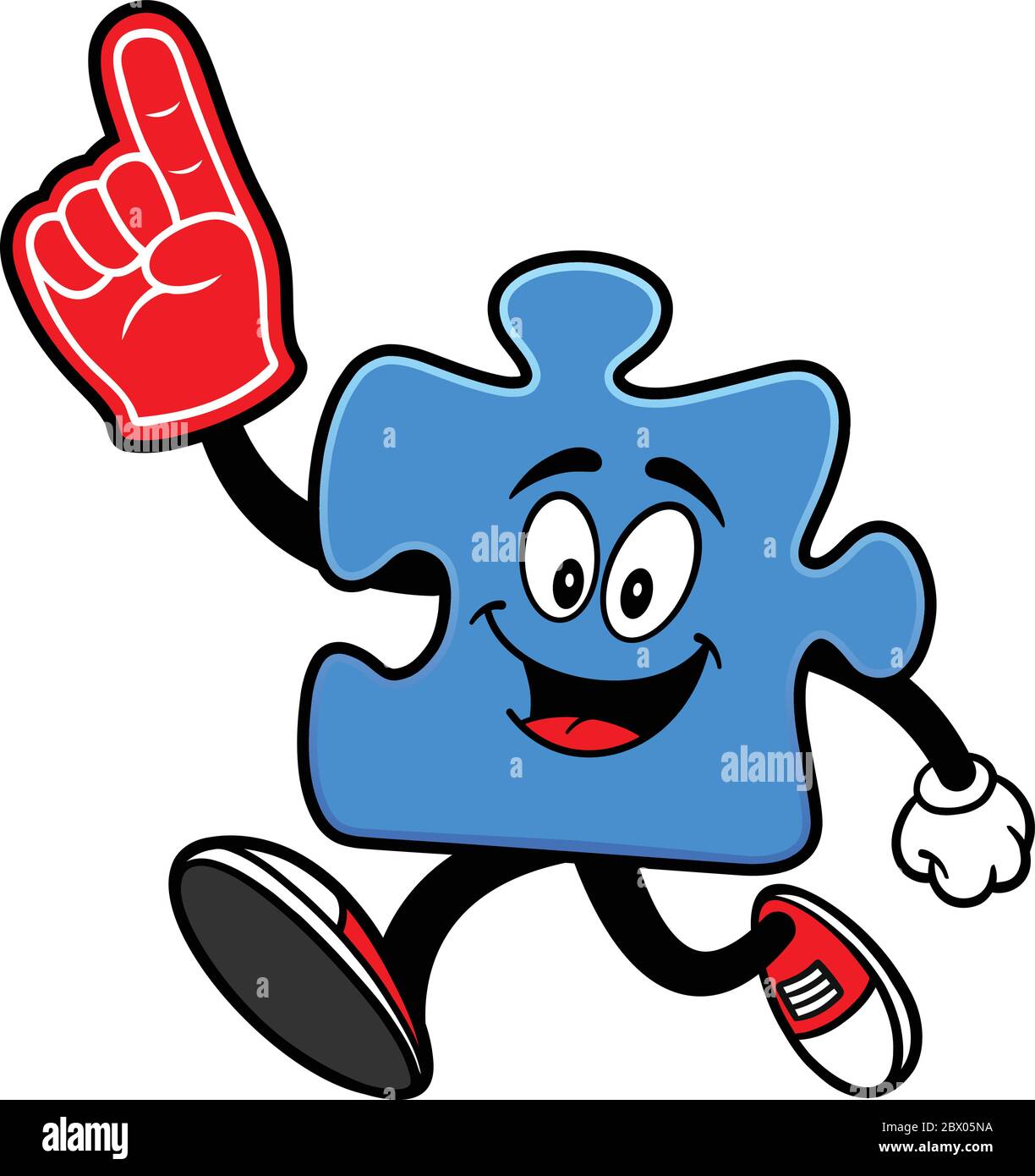 Puzzle Running with Foam Finger A Cartoon Illustration of a Puzzle