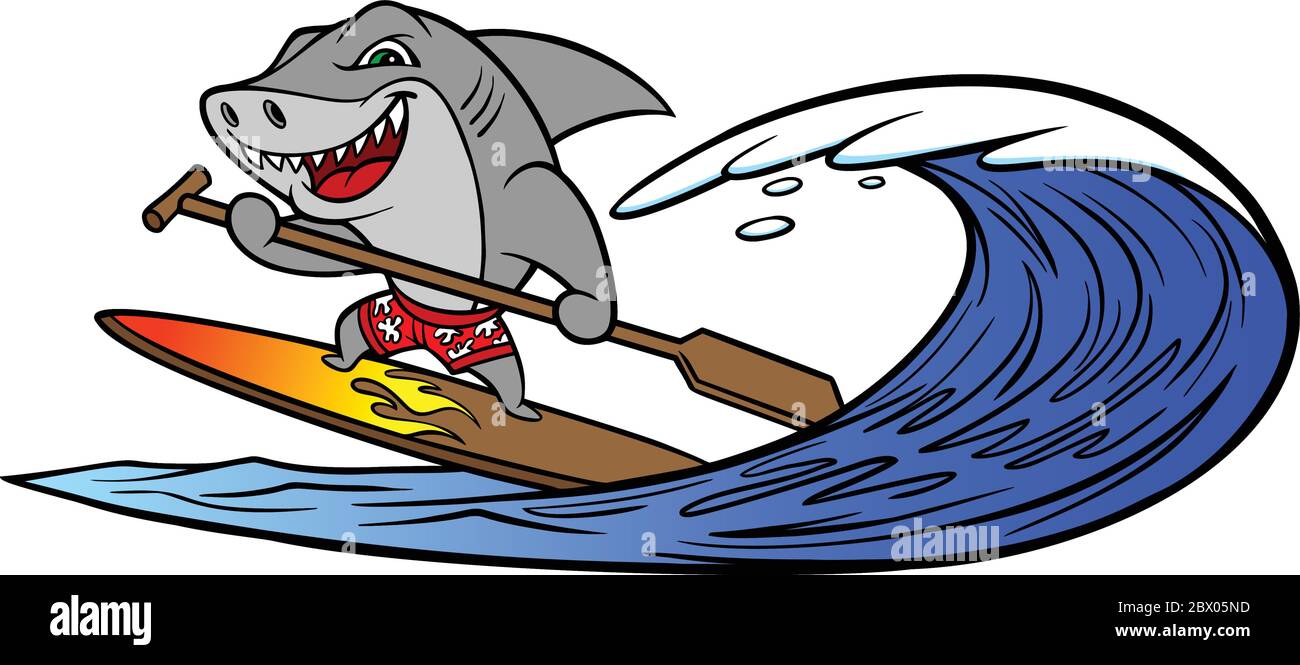 Shark Paddleboarding - A vector cartoon illustration of a Shark paddle boarding. Stock Vector