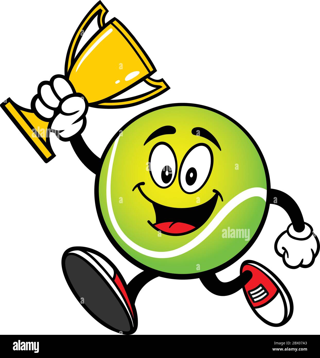 Tennis Ball Running with Trophy A cartoon illustration of a Tennis